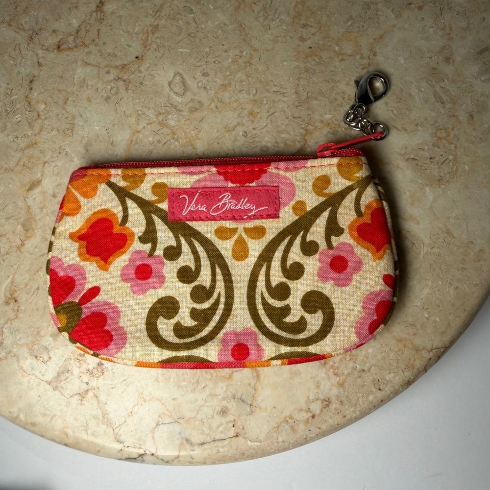 Vera Bradley ID Case OS Pink Orange Floral Canvas Zip Coin Purse Keychain Clip